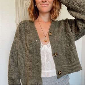 Olive Green Cardigan Button Down Baggy Grandpa Sweater Vibes Chunky Knit